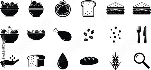 Food and ingredient icons set with fruits bread sandwich meat grains vector illustration collection