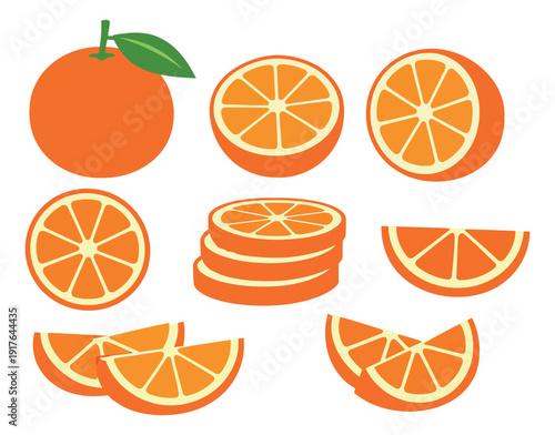 Graphic orange fruit set featuring whole, half, slices, and wedges for food and drink concepts