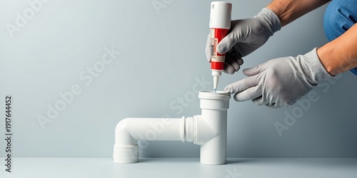 Wallpaper Mural A gloved hand carefully applies sealant to a section of plastic piping, ensuring a secure and watertight connection for reliable plumbing Torontodigital.ca