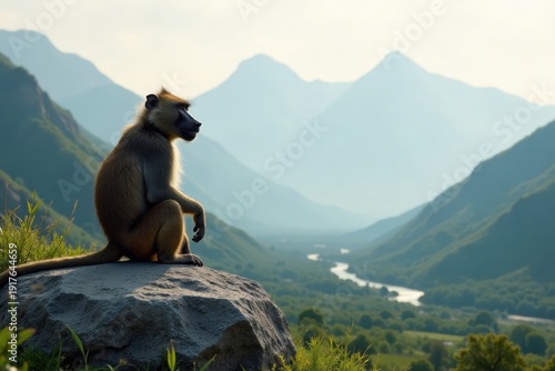 Wallpaper Mural A primate sits pensively atop a boulder, overlooking a serene valley and meandering river, amidst a breathtaking mountain range. Torontodigital.ca