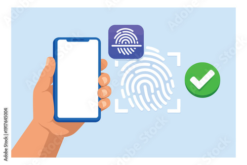 Modern flat illustration of a hand holding a smartphone depicting biometric fingerprint identification for secure mobile access