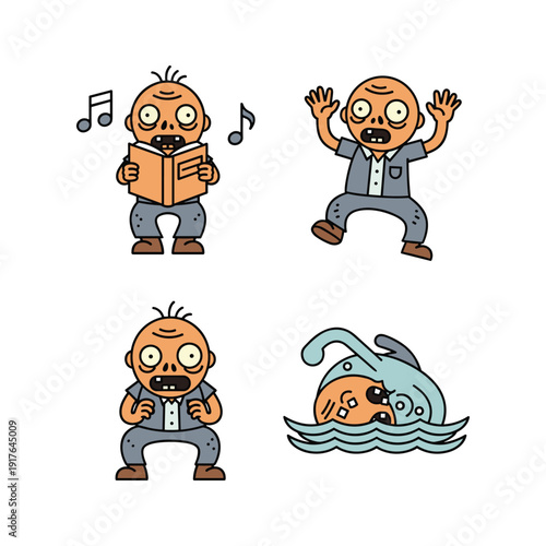 Man singing and drowning in water with shocked expression in cartoon style