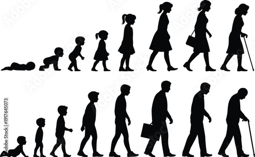 Human life stages silhouette collection, female and male aging process from baby to senior walking sequence black vector illustration