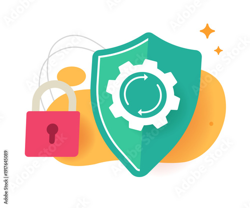 Security protection shield authentication lock icon vector modern graphic illustration concept, cybersecurity data privacy technology, safety guard diagnostic check process web configuration
