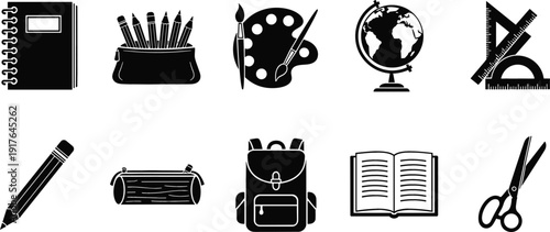 School education and art supply icons set with notebook backpack globe scissors vector illustration