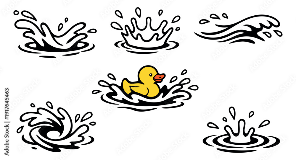 Fototapeta premium Hand drawn line art water splash and rubber duck set featuring various liquid effects and a yellow toy for playful summer or bath time designs