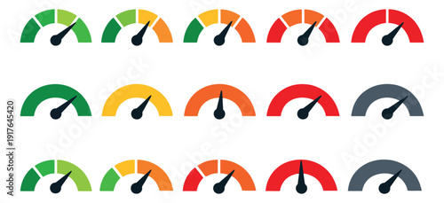 Modern flat design performance indicator icons set featuring multiple colored levels for data visualization