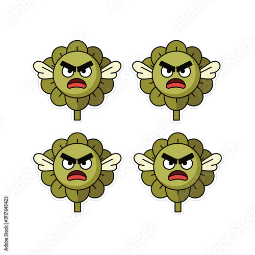 Angry cartoon flowers with different facial expressions on white background
