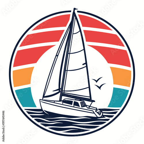 logo of a sailing boat on calm waves, simple geometric outline, minimal strokes, modern travel or marine branding style