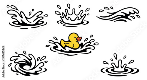 Hand drawn line art water splash and rubber duck set featuring various liquid effects and a yellow toy for playful summer or bath time designs