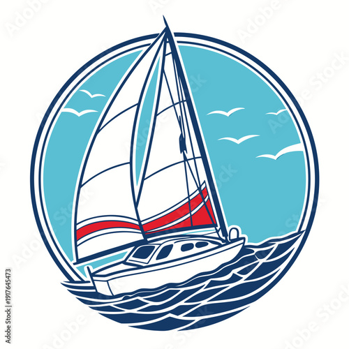 logo of a sailing boat on calm waves, simple geometric outline, minimal strokes, modern travel or marine branding style