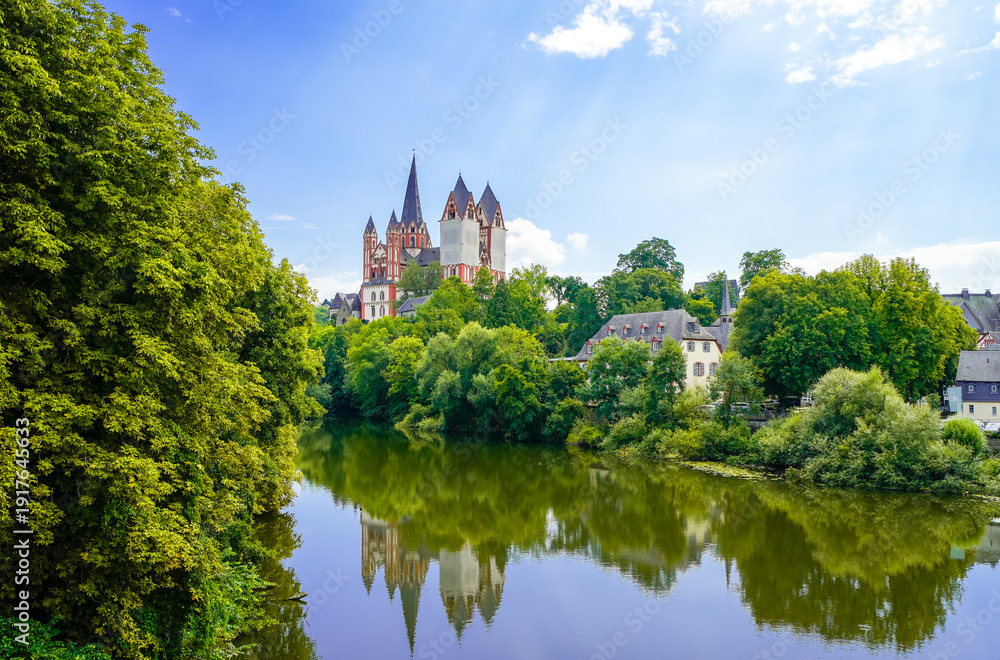 Fototapeta premium View of Limburg Cathedral and the surrounding landscape in Limburg an der Lahn. Limburger Dom. 