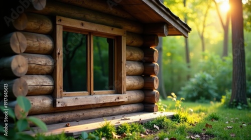 Wallpaper Mural Rustic Cabin Window with Sunlit Forest View, Serenity and Tranquility in Nature Torontodigital.ca