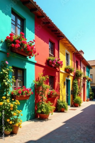 Wallpaper Mural Vibrant Row of Colorful Houses Adorned with Blooming Flower Boxes on a Sunny Day Torontodigital.ca