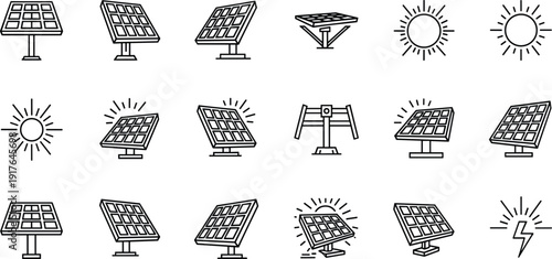 Solar energy panel icons set with sun renewable power electricity vector illustration collection