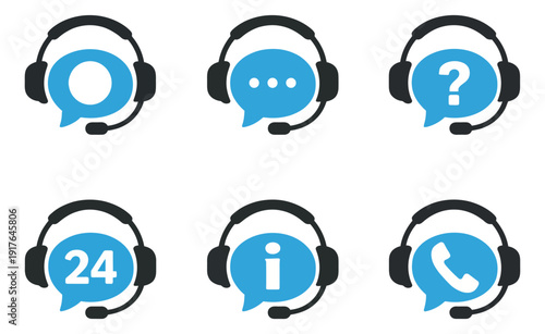 Modern graphic customer service icons set featuring headsets with speech bubbles and communication symbols for online support