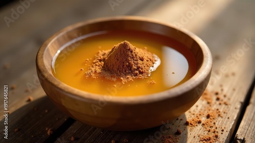 Wallpaper Mural Golden liquid with a dusting of brown powder in a wooden bowl on a rustic surface, bathed in sunlight. Torontodigital.ca