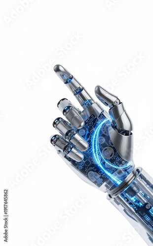 Sleek robotic hand with glowing circuitry pointing forward, illustrating the concept of advanced artificial intelligence, future technology, and intuitive human-machine interaction in the digital age