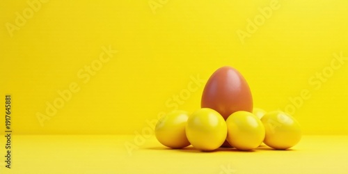 Wallpaper Mural A Single Brown Egg Stands Tall Above a Group of Yellow Eggs on a Vibrant Yellow Background Torontodigital.ca