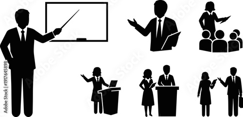 Business Presentation and Teacher Silhouette Set with Professor Lecturing in Flat Icon Style