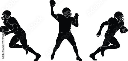 American football player silhouettes set with running quarterback throwing and action poses isolated black vector