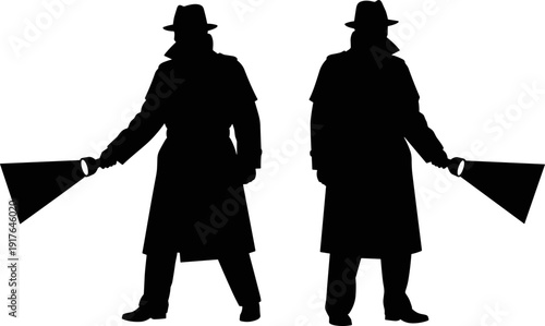 Detective Silhouette with Flashlight, Spy or Private Investigator in Trench Coat, Flat Illustration