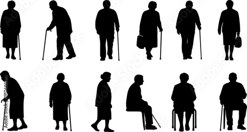 Elderly People Silhouette Set with Senior Citizens Walking with Canes in Flat Illustration Style