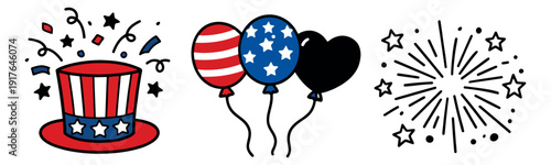 Hand drawn patriotic celebration set featuring an Uncle Sam hat, festive balloons, and starburst fireworks for American holidays