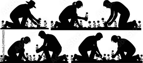 Gardening Silhouette Set, People Planting Flowers and Working in Garden, Vector Illustration Isolated
