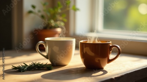 Wallpaper Mural Two steaming mugs of hot beverage on a sunlit wooden surface near a potted plant and window Torontodigital.ca
