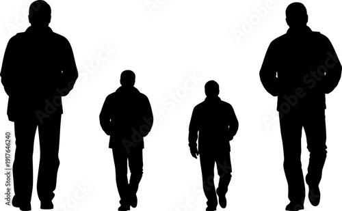 Group of Men Walking Forward Silhouette, Casual Male Figures in Jackets, Flat Vector Illustration