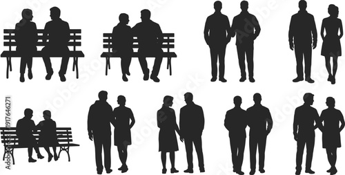 Couple silhouette collection, romantic people walking and sitting, man and woman silhouettes, love relationships, minimal black figures for design
