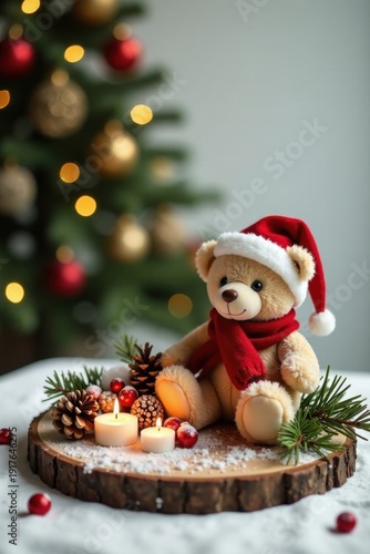 Wallpaper Mural A festive teddy bear in a Santa hat, nestled amongst pine cones, cranberries, and softly glowing candles on a rustic wooden slice, evokes the warmth and joy of the holiday season. Torontodigital.ca