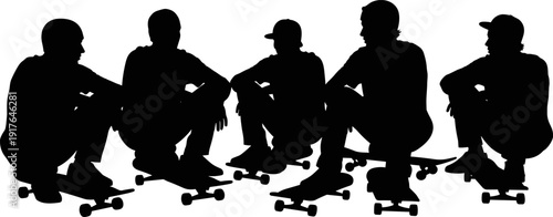 Group of Skateboarders Sitting on Skateboards Silhouette, Urban Youth Culture, Flat Vector Illustration