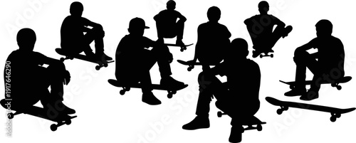 Group of Skateboarders Sitting on Skateboards Silhouette, Urban Youth Lifestyle, Flat Illustration