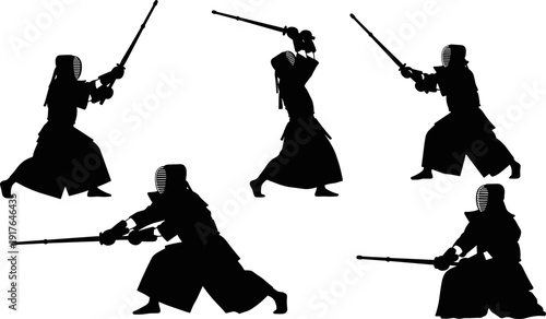 Kendo Martial Arts Silhouette Set, Japanese Samurai Sword Fighting Poses, Flat Vector Illustration