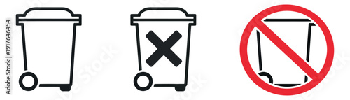 Outline trash bin set featuring delete, prohibited, and general waste icons for web and app design