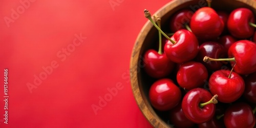 Wallpaper Mural A vibrant collection of ripe cherries nestled in a rustic wooden bowl, set against a backdrop of rich red Torontodigital.ca