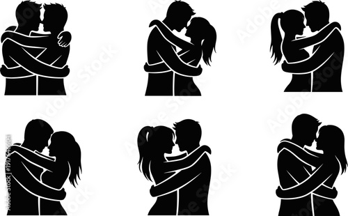 Romantic Couple Silhouette Set, Lovers Hugging and Kissing, Wedding and Valentine Flat Illustration