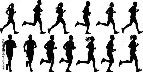 Running People Silhouette Set with Men and Women Jogging in Flat Illustration Style