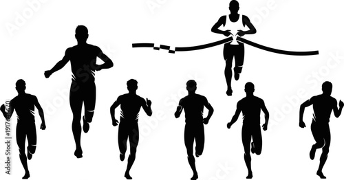 Running Silhouette Set, Marathon Runners Crossing Finish Line and Sprinting, Flat Vector Illustration