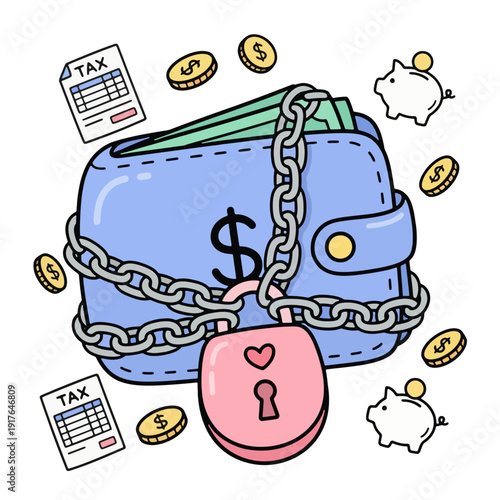 Locked blue wallet with chain and padlock surrounded by money and tax documents.