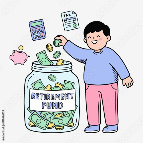 Man saving money in a retirement fund jar with coins and dollars.