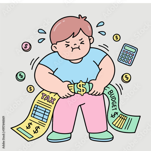 Stressed man overwhelmed with tax and budget documents.