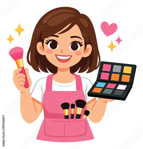 Cute vector illustration of a female makeup artist depicting her holding a brush and eyeshadow palette for beauty and cosmetic services