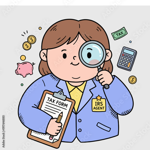 Cartoon IRS Agent Examining Tax Forms with Magnifying Glass.