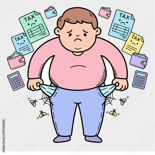 Man with empty pockets surrounded by tax documents and calculators.
