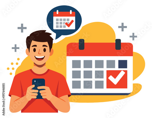 Modern flat illustration of a man using a smartphone depicting online appointment confirmation for schedule planning