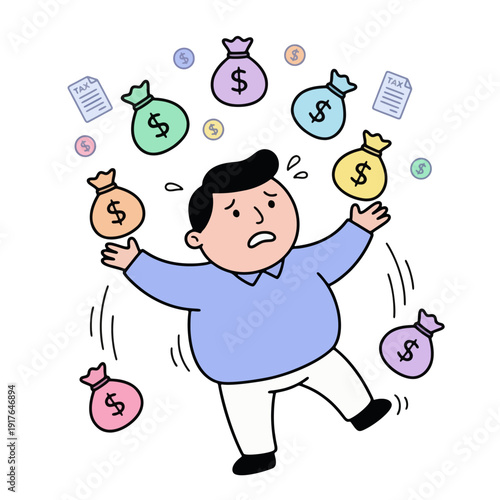 Man overwhelmed by falling money bags and coins.