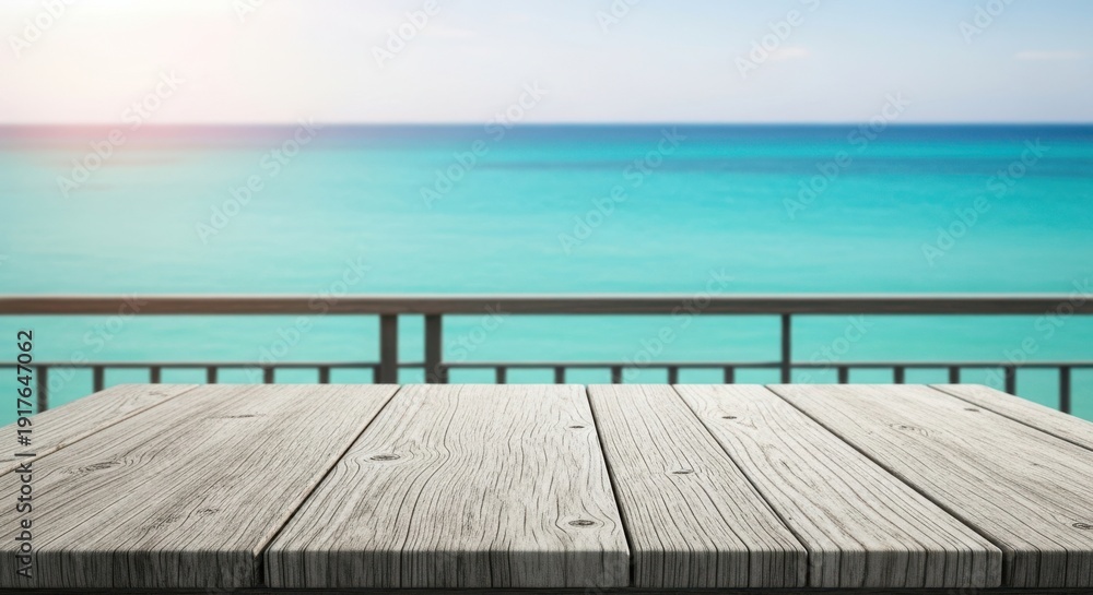 Fototapeta premium Serene ocean view from a weathered wooden deck with metal railing